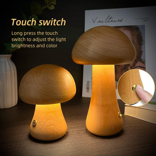 Wood Cute Mushroom LED Lamp With Touch Switch