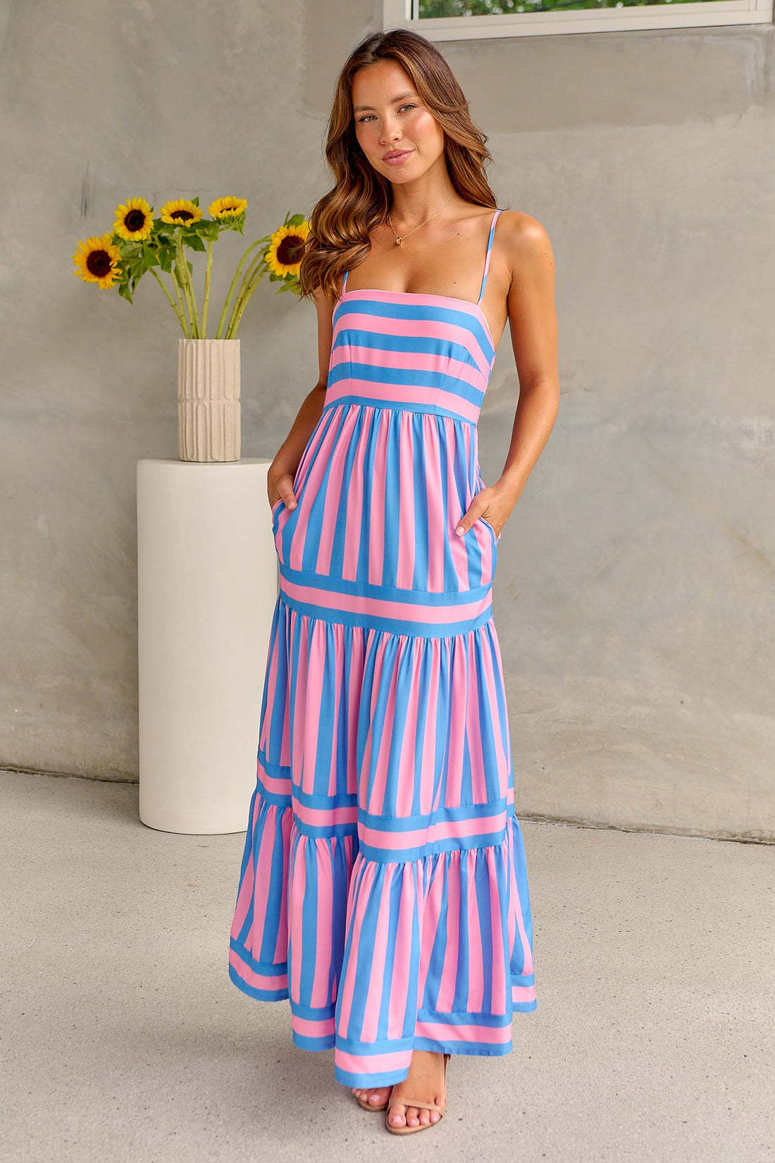 Long Striped Printed Suspender Dress With Pockets