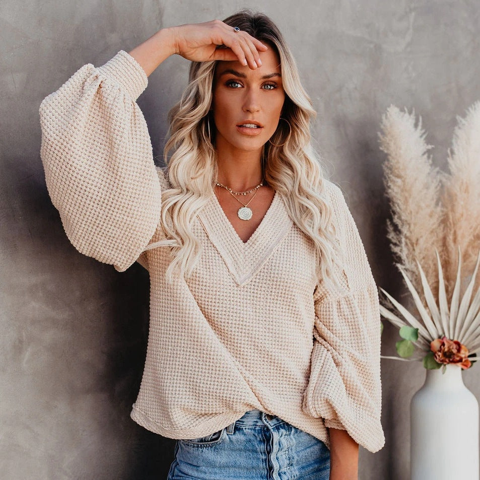 Fashion Loose V-Neck Lantern Sleeve Top