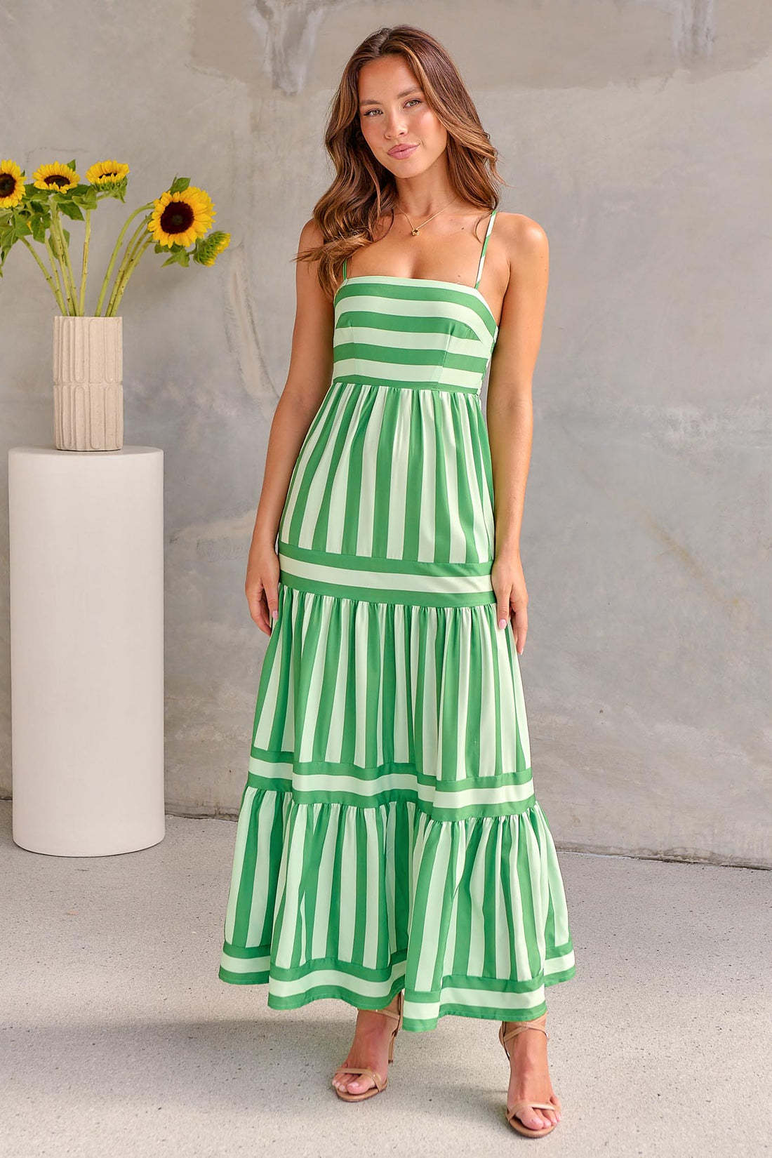 Long Striped Printed Suspender Dress With Pockets