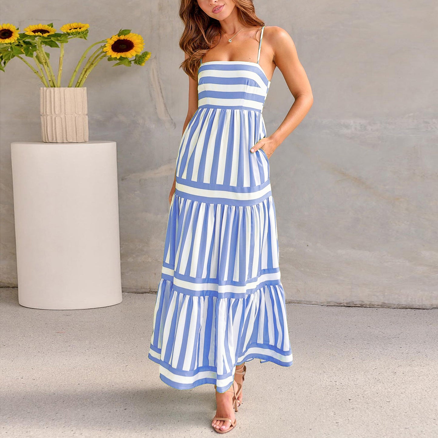 Long Striped Printed Suspender Dress With Pockets