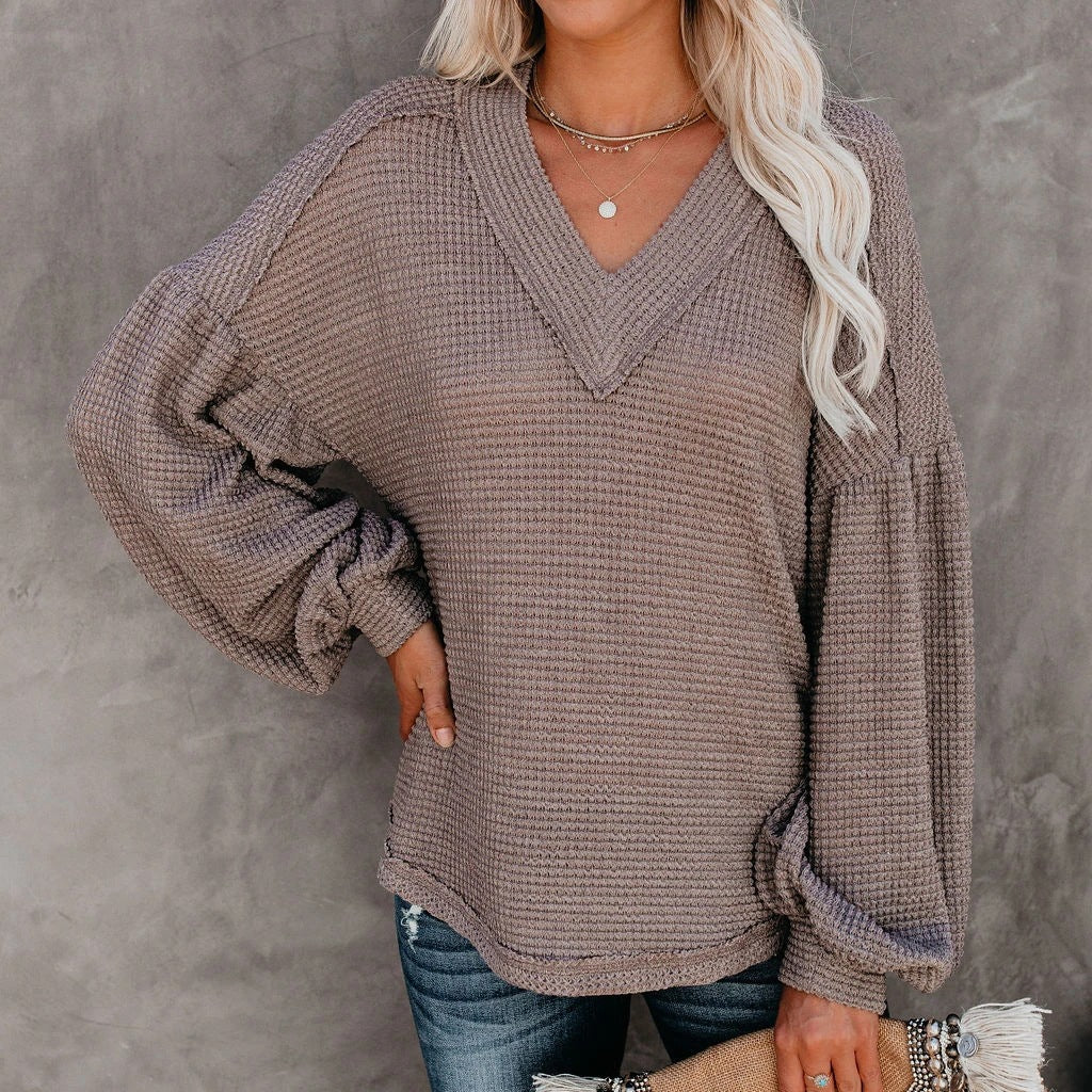 Fashion Loose V-Neck Lantern Sleeve Top