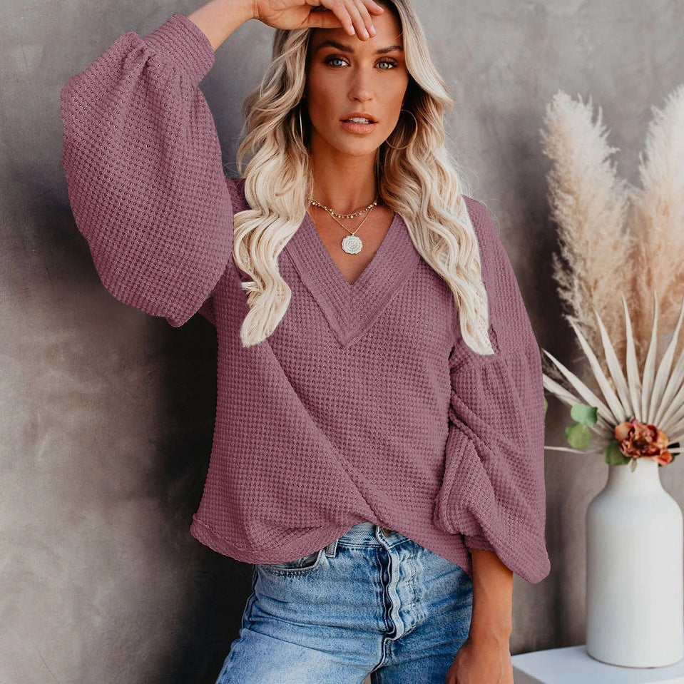 Fashion Loose V-Neck Lantern Sleeve Top