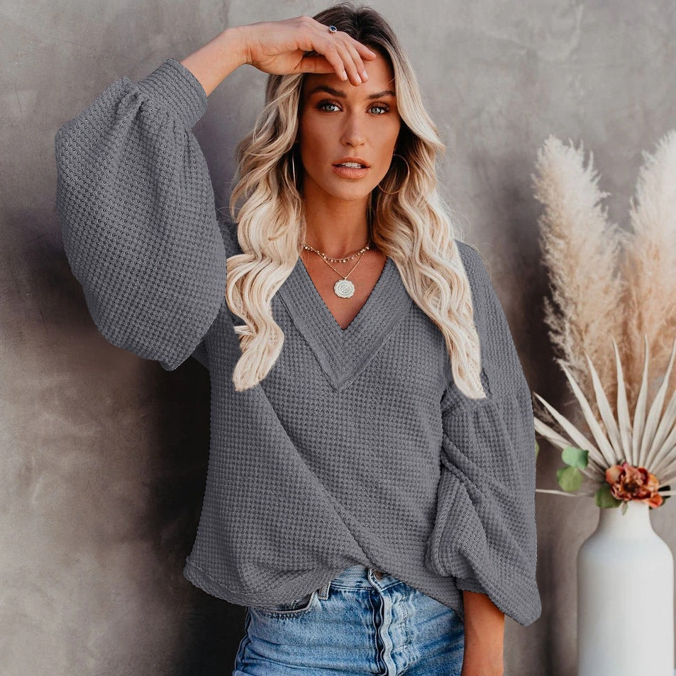 Fashion Loose V-Neck Lantern Sleeve Top