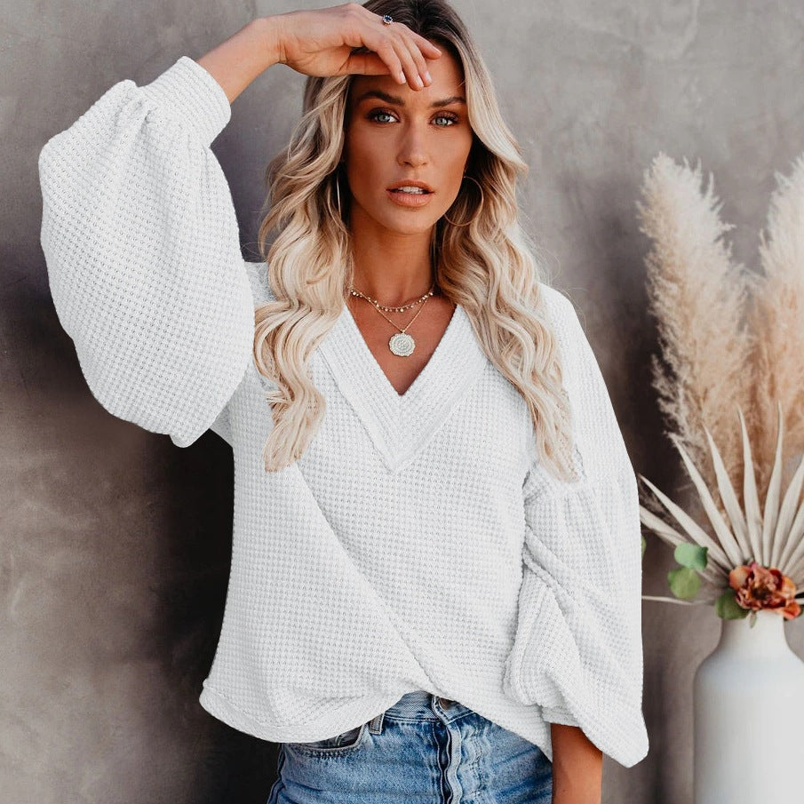 Fashion Loose V-Neck Lantern Sleeve Top
