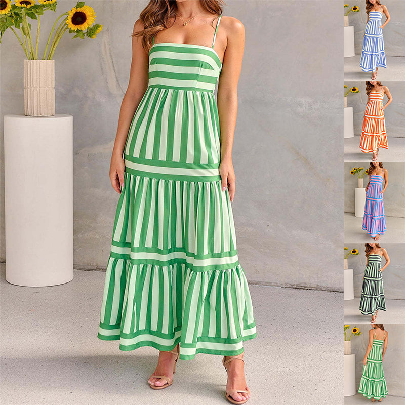 Long Striped Printed Suspender Dress With Pockets