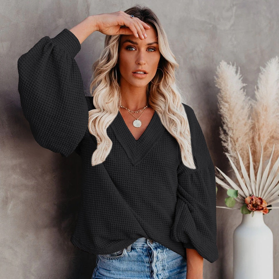 Fashion Loose V-Neck Lantern Sleeve Top