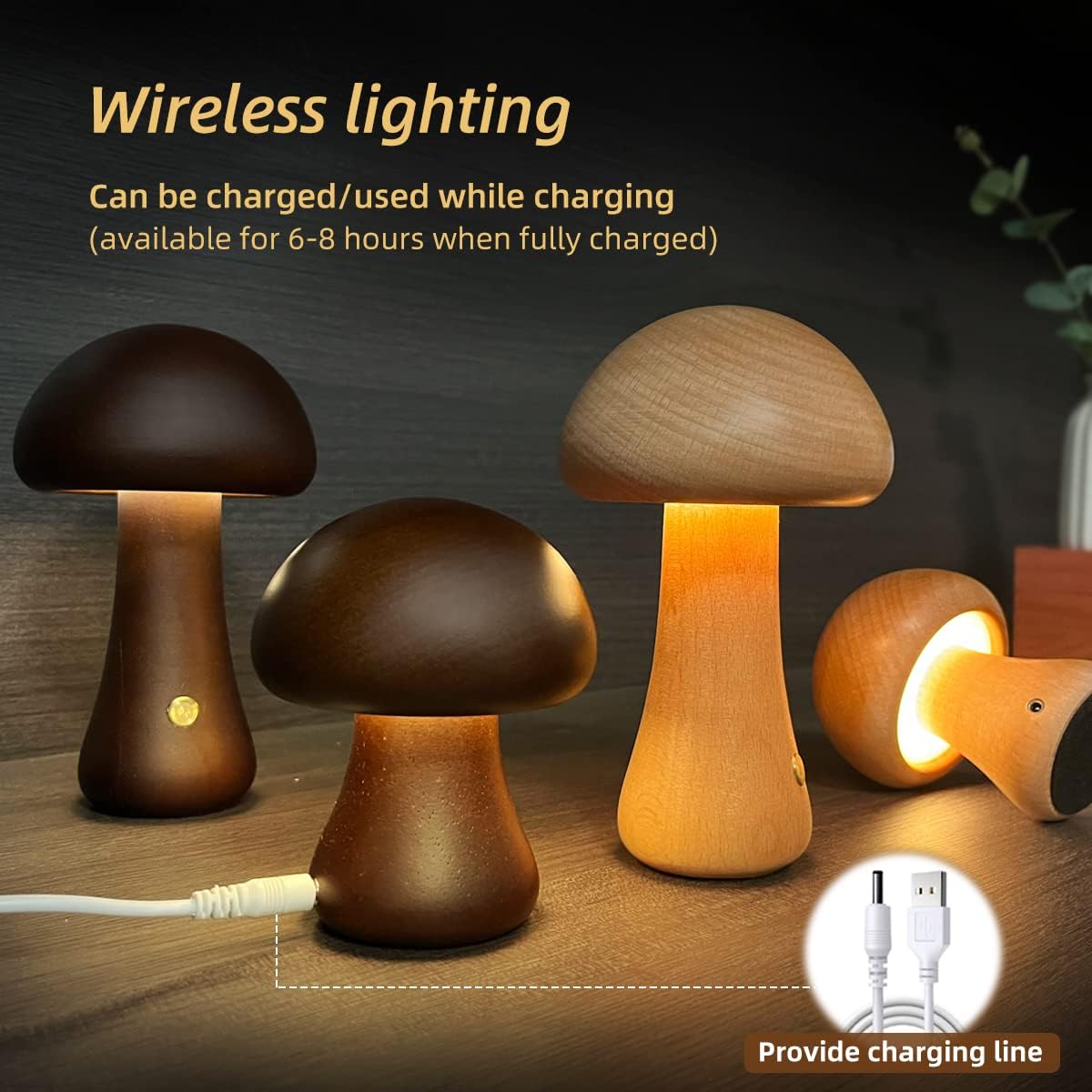 Wood Cute Mushroom LED Lamp With Touch Switch