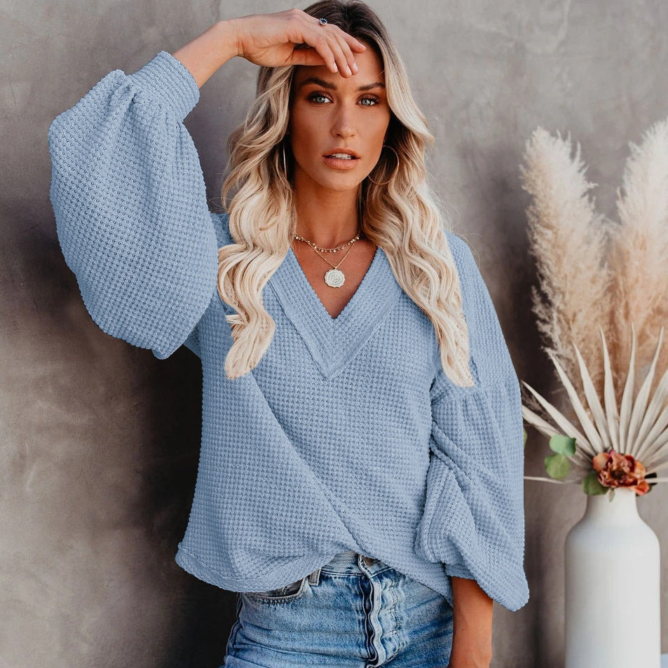 Fashion Loose V-Neck Lantern Sleeve Top