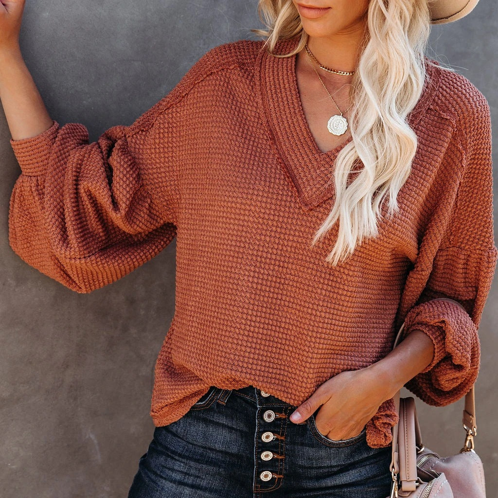 Fashion Loose V-Neck Lantern Sleeve Top