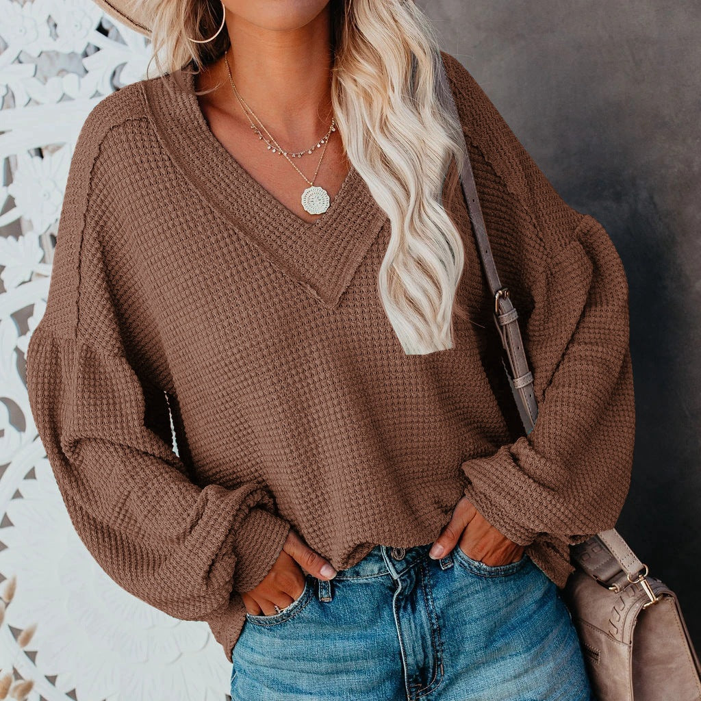 Fashion Loose V-Neck Lantern Sleeve Top