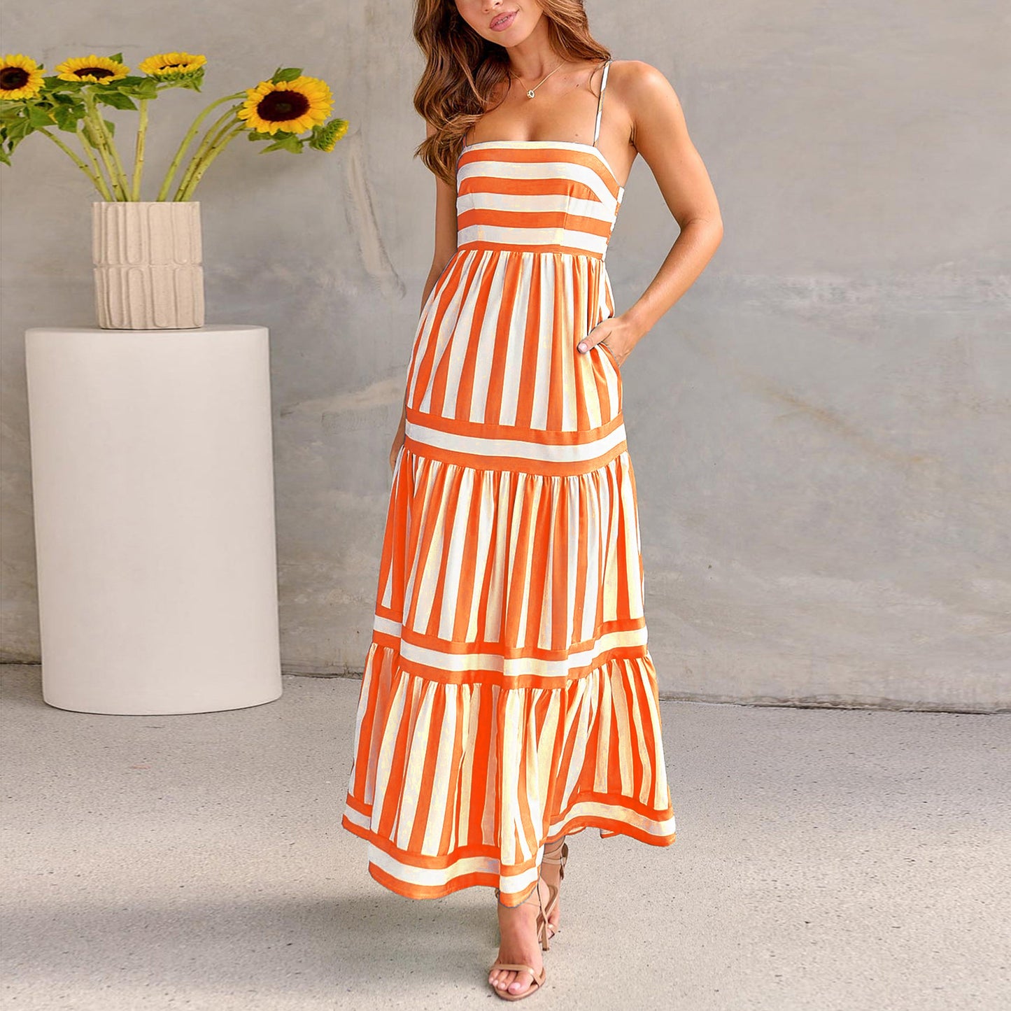 Long Striped Printed Suspender Dress With Pockets