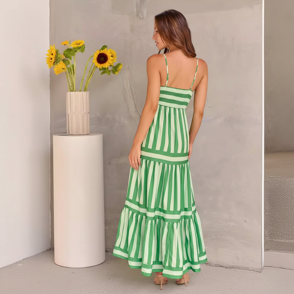Long Striped Printed Suspender Dress With Pockets