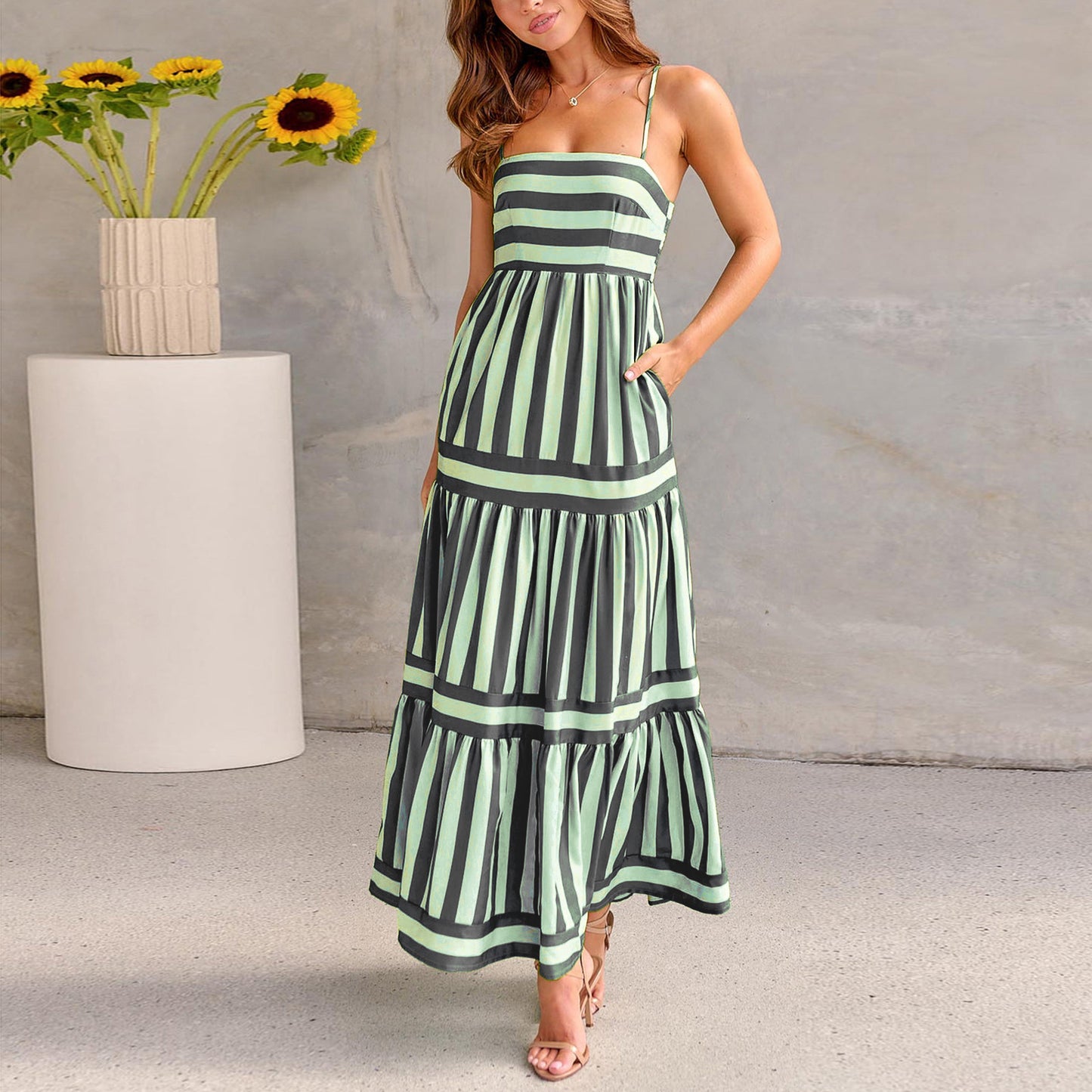 Long Striped Printed Suspender Dress With Pockets