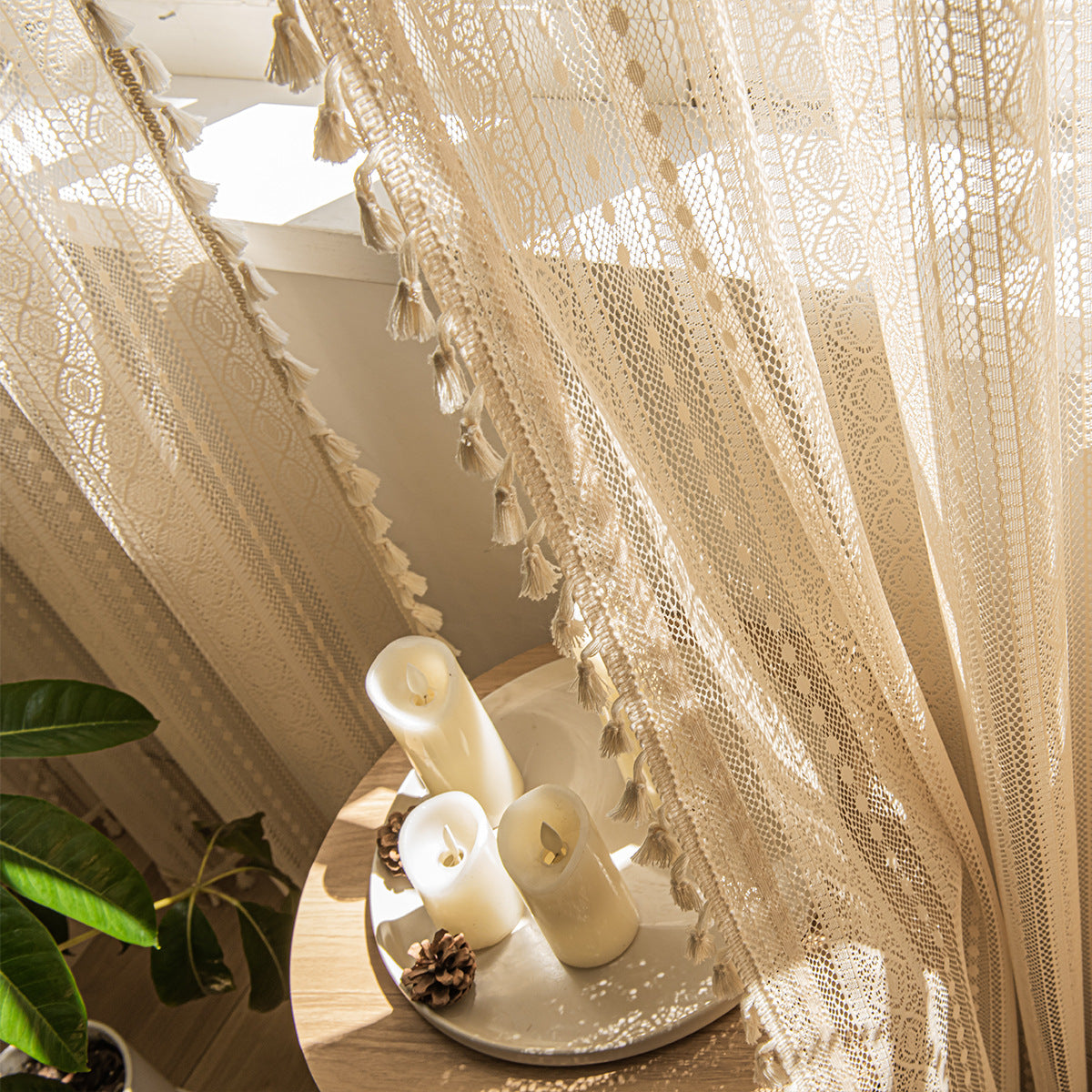 Bohemian-Dot Wood Color Lace Mesh Curtains