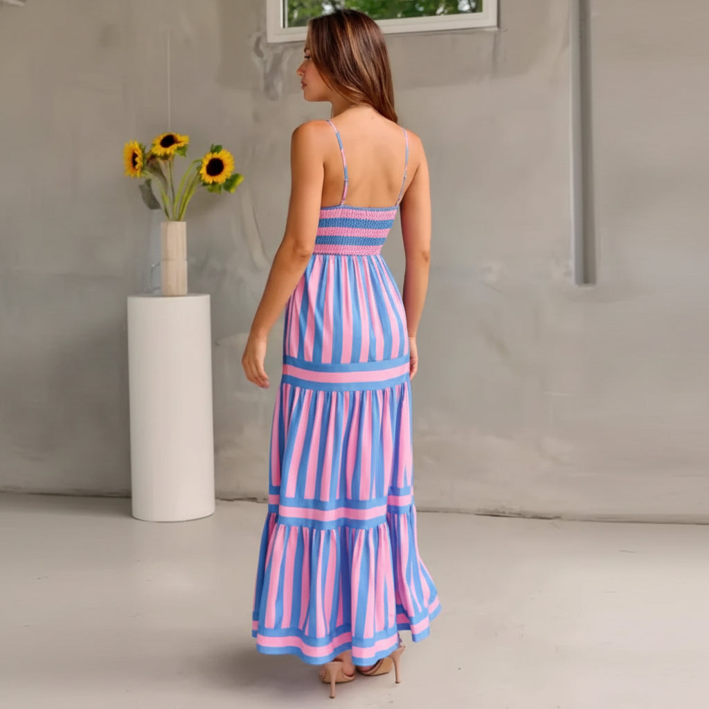 Long Striped Printed Suspender Dress With Pockets